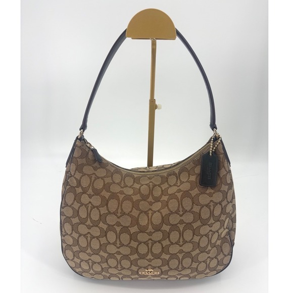 Coach Signature Monogram Canvas Hobo‎ Shoulder Bag Khaki Black Leather Trim